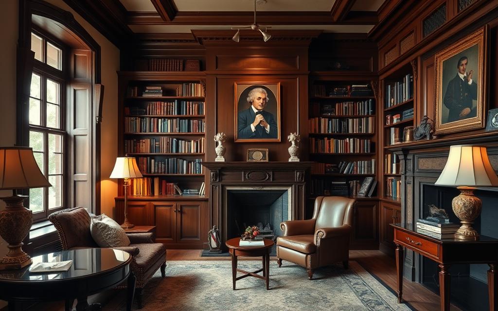 An elegant study room adorned with vintage furniture, showcasing rich mahogany bookshelves filled with classic literature