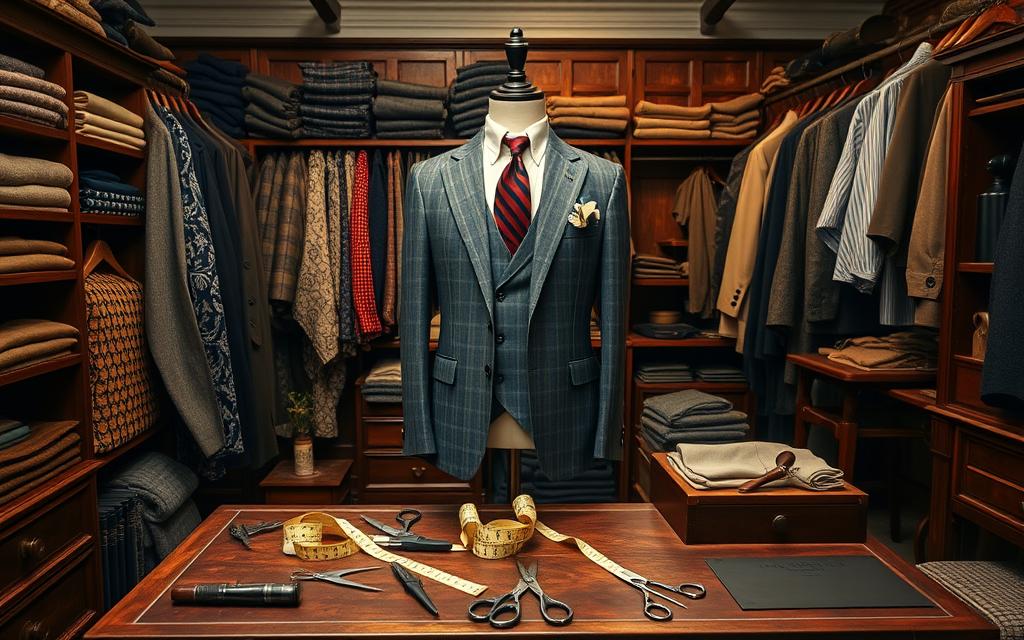 A classic men's tailor shop interior showcasing elegant fabrics and patterns, featuring a bespoke suit draped on a mannequin