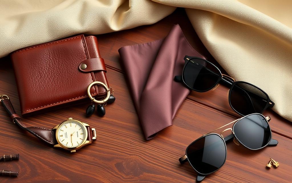 An elegant display of refined accessories representing Old Money Style, featuring a classic leather wallet, a vintage watch with a leather strap