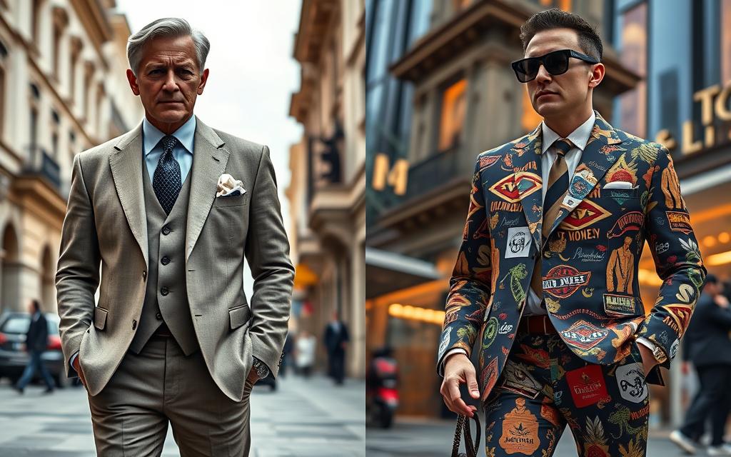 Side-by-side comparison of two luxury fashion styles: on the left, a classic Old Money ensemble featuring tailored suits, rich textures, muted colors, and elegant accessories