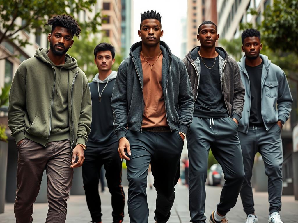 A modern urban scene featuring male models showcasing stylish athleisure outfits, blending comfort and fashion. Include a variety of textured fabrics