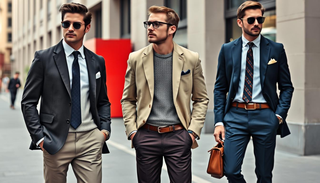 Modern preppy fashion for men, featuring tailored blazers, crisp collared shirts, knitted ties, and smart chinos