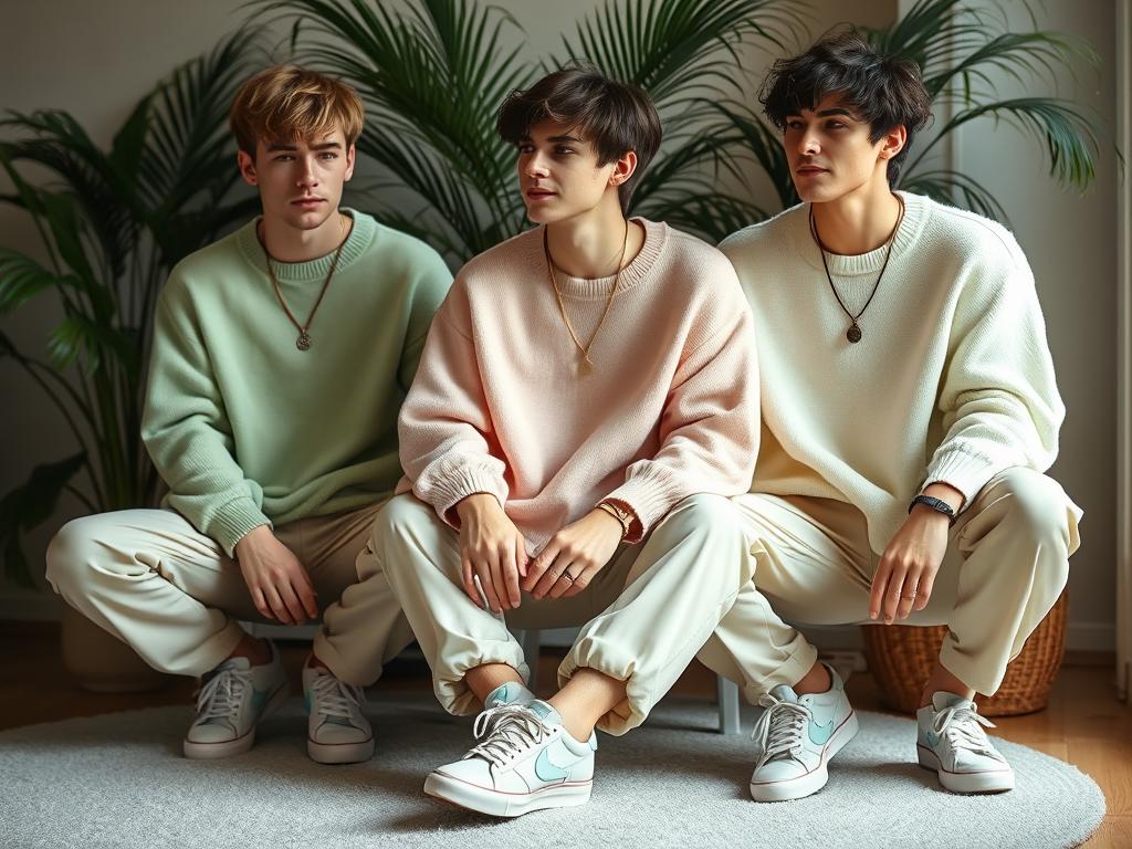 Three young men embrace the soft boy aesthetic, wearing pastel sweaters and white sneakers in a plant-filled room