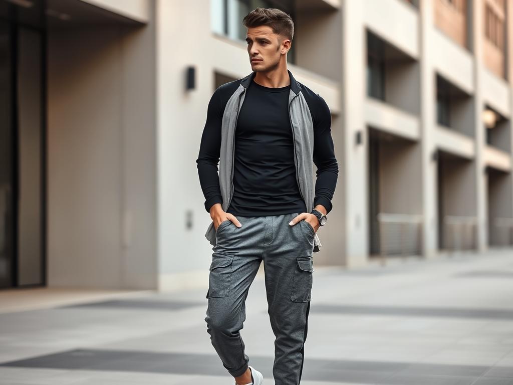 A stylish male model wearing a sleek, fitted black long-sleeve athletic top paired with tapered gray joggers, adorned with subtle design details