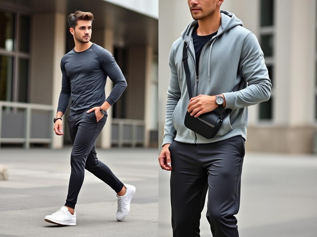 Stylish men's athleisure layering featuring a fitted long-sleeve performance shirt under a lightweight zip-up hoodie, paired with tapered joggers and sleek trainers