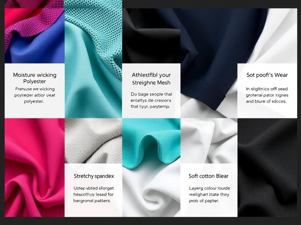 A modern display of various athleisure performance fabrics, featuring a variety of textures such as moisture-wicking polyester, breathable mesh, stretchy spandex, and soft cotton blends