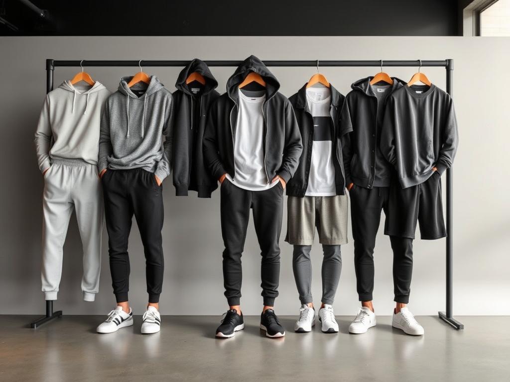 A stylish men's athleisure wardrobe featuring a variety of key pieces: sleek joggers, fitted hoodies, stylish sneakers, lightweight jackets, and casual tees