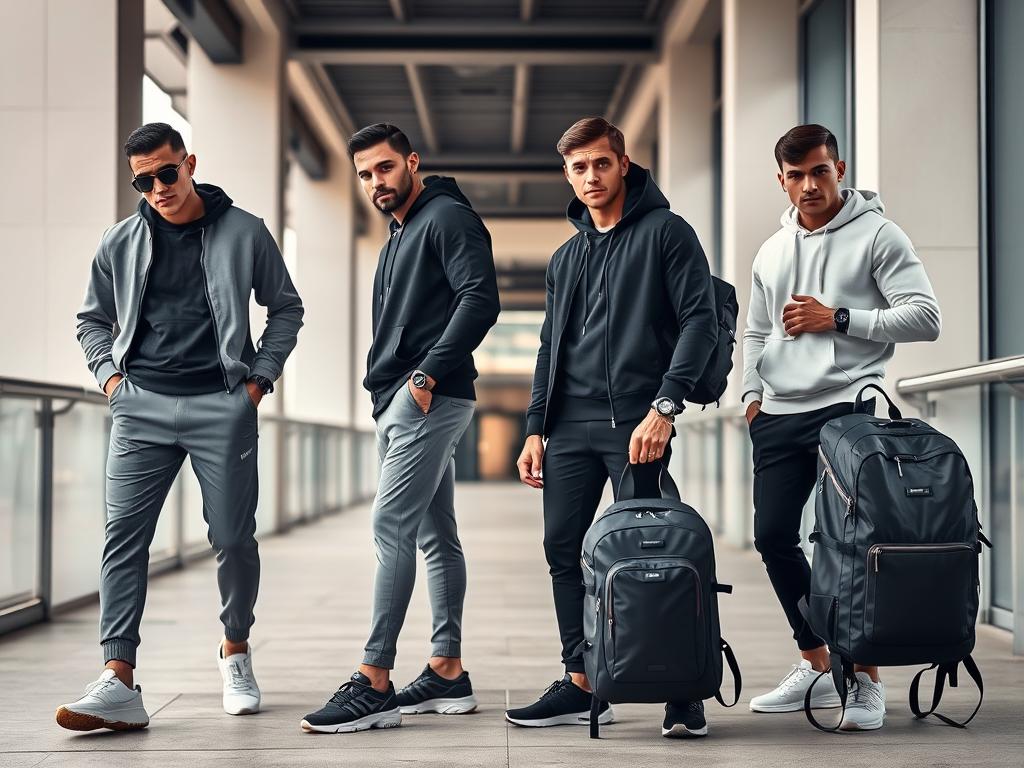 A luxurious men's athleisure scene featuring stylish activewear, sleek designs, high-quality fabrics, and modern silhouettes