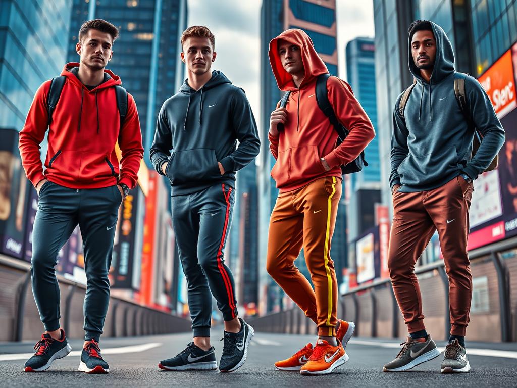 "Modern stylish men's athleisure wear for 2024, featuring sleek joggers, fitted hoodies, and breathable fabric.