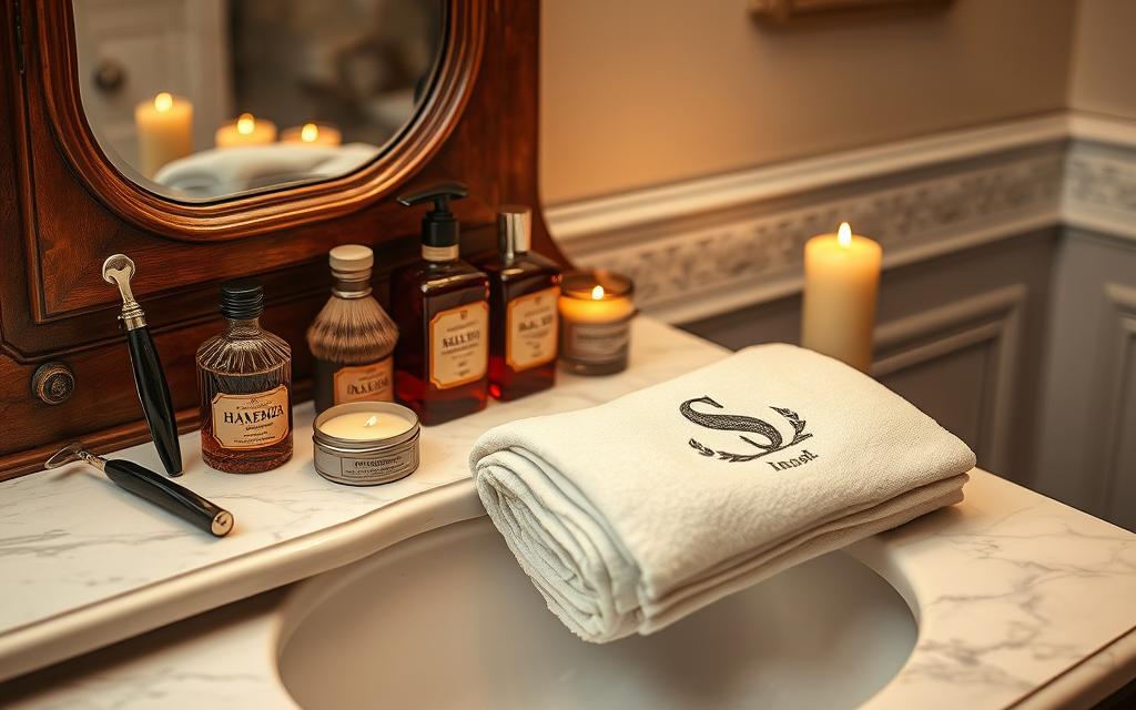 A refined bathroom scene featuring a vintage wooden vanity adorned with elegant grooming tools, such as a classic straight razor, fine boar bristle brushes, and artisanal shaving soap.