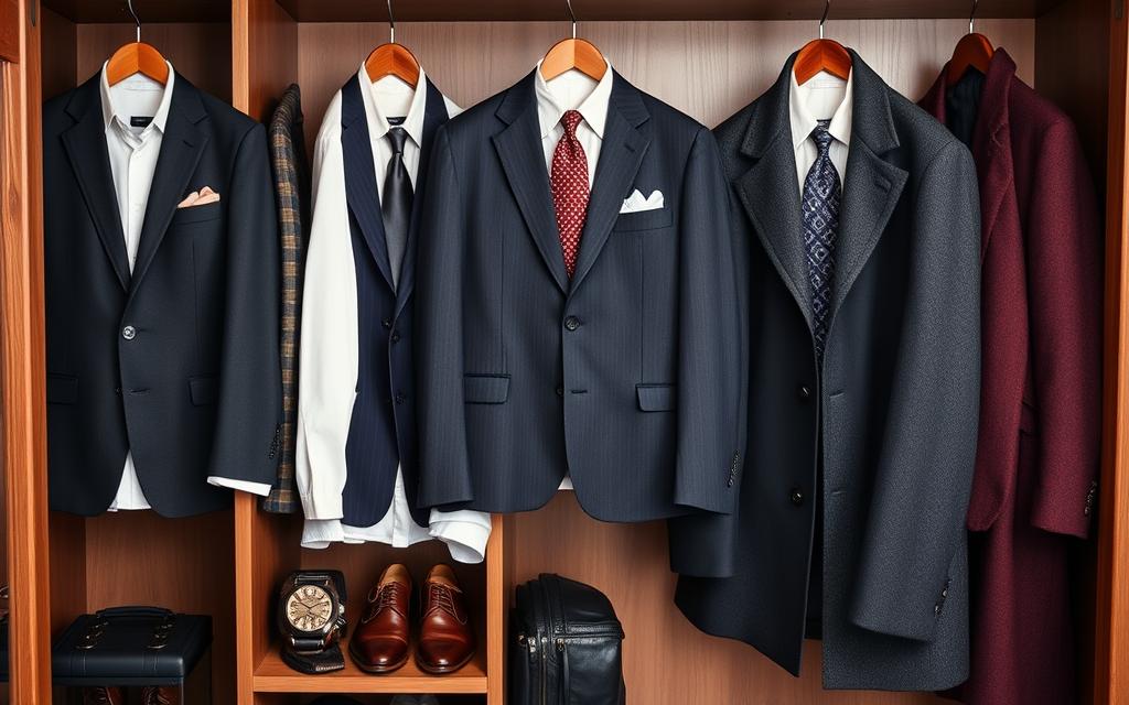 A classic men's wardrobe featuring tailored suits, crisp white dress shirts, elegant ties, and polished leather shoes