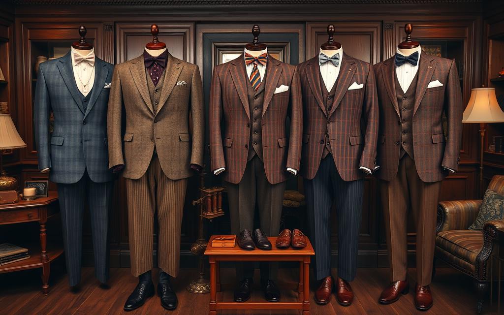 A sophisticated vintage men's wardrobe display, featuring tailored suits in rich fabrics like tweed and wool, classic pinstripe patterns, polished leather shoes,