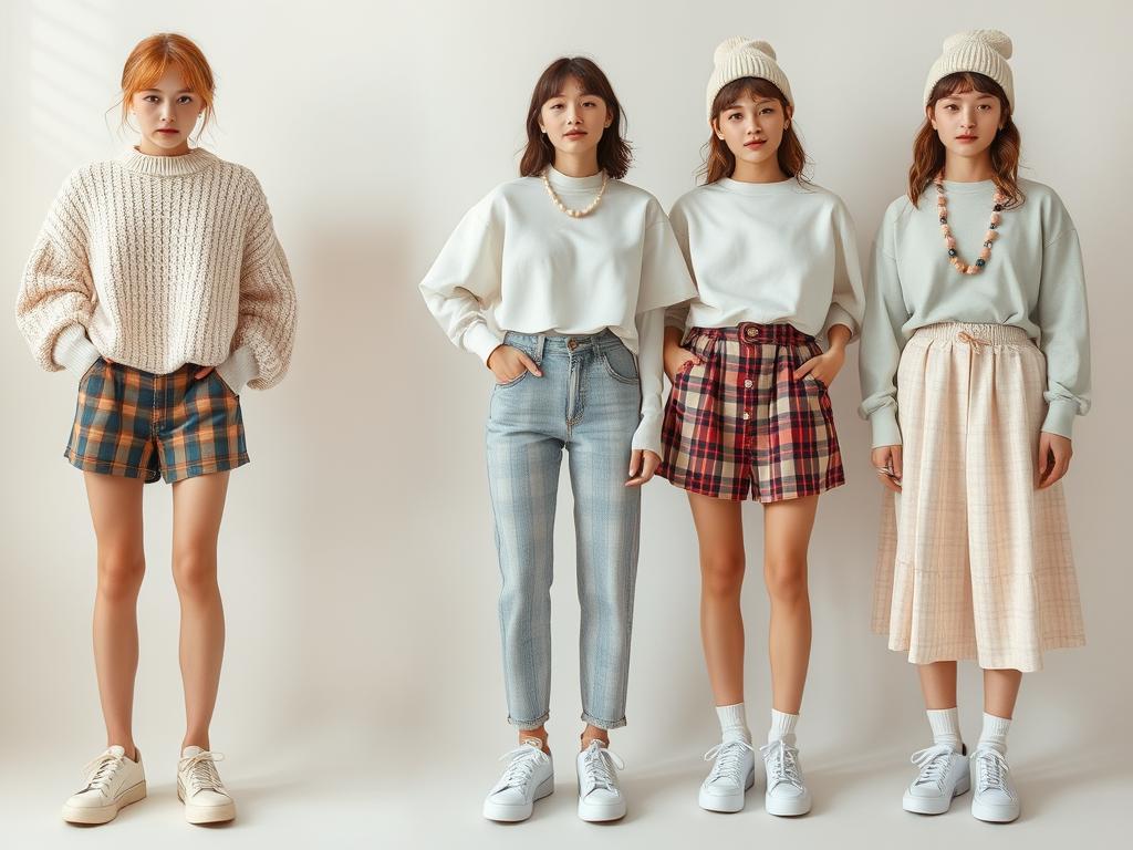 Four young women showcase the soft boy aesthetic in cozy sweaters, plaid skirts, and relaxed pants, exuding casual charm.