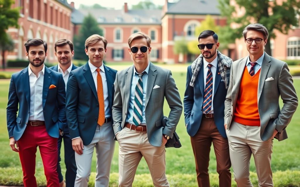 A group of stylish men in a serene Ivy League campus setting, dressed in classic preppy attire: tailored blazers, crisp polo shirts, and neatly pressed chino