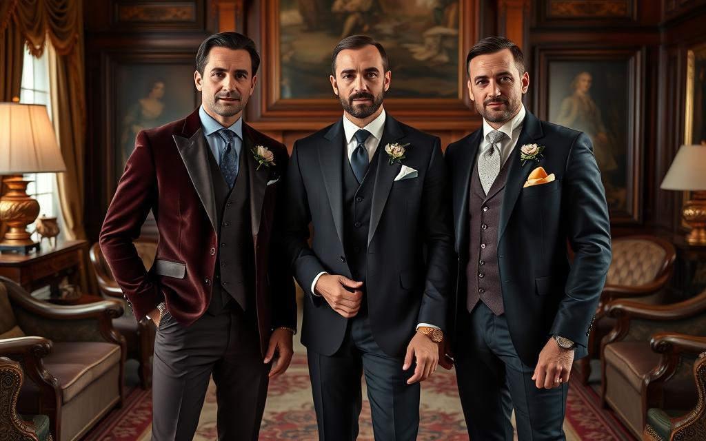 Elegant aristocratic gentlemen in tailored three-piece suits, featuring rich fabrics like velvet and fine wool, accessorized with pocket squares and classic wristwatches,