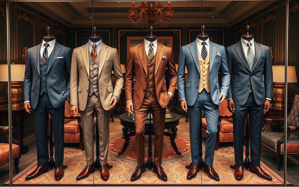 A lavish display of luxury men's fashion, featuring tailored suits in rich fabrics like cashmere and silk, intricate details such as hand-stitching and elegant lapels, complemented by exquisite accessories