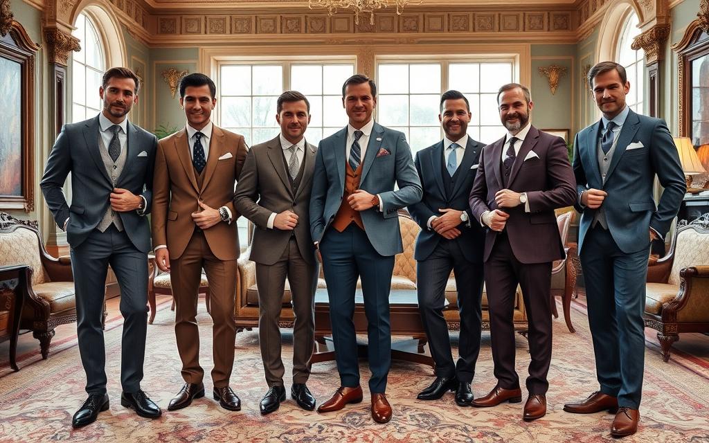 A sophisticated gathering of well-dressed men in a lavish, classical setting, showcasing the old money aesthetic