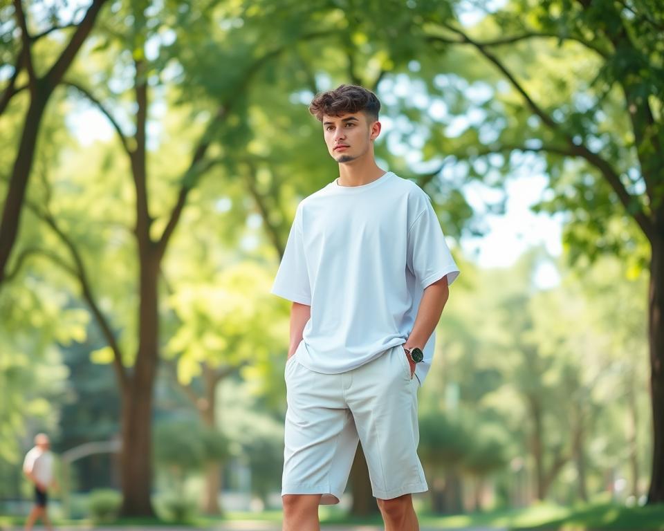 A serene summer scene featuring a stylish young man with a fresh, minimalist fashion sense. He wears a crisp white oversized t-shirt paired with tailored pastel shorts