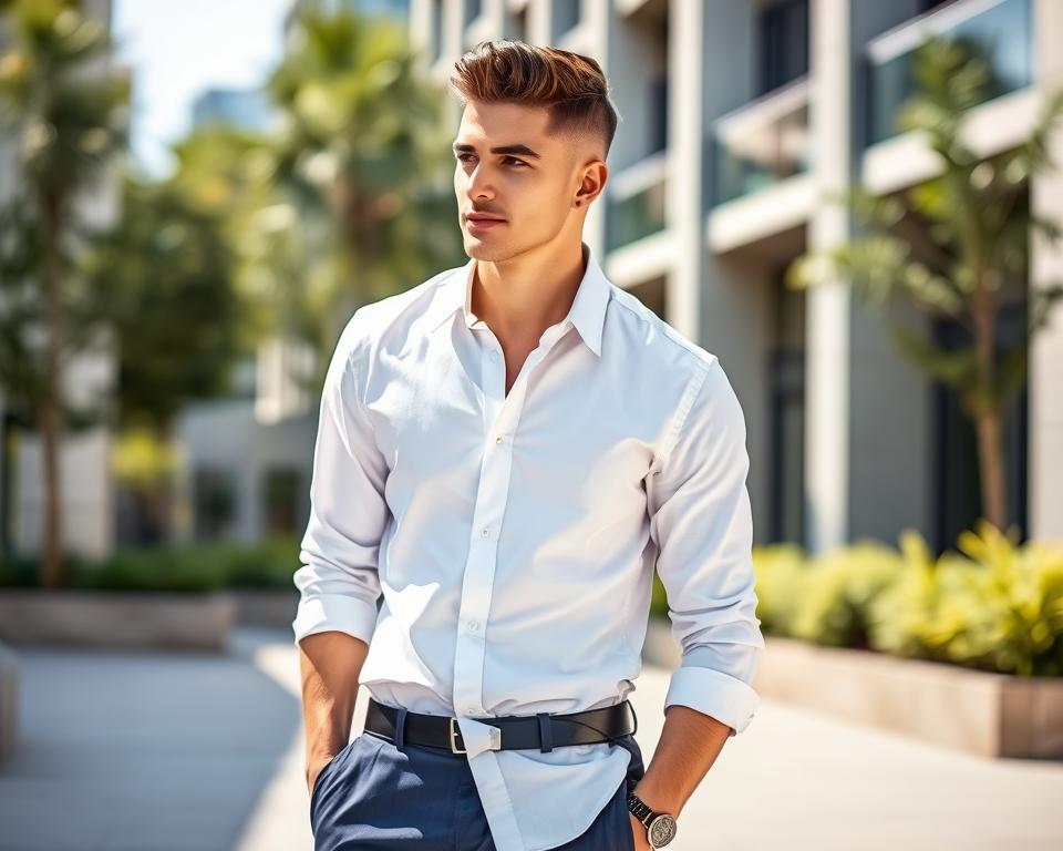 A stylish clean-cut young man with a fresh haircut, wearing a crisp white button-up shirt and tailored navy trousers