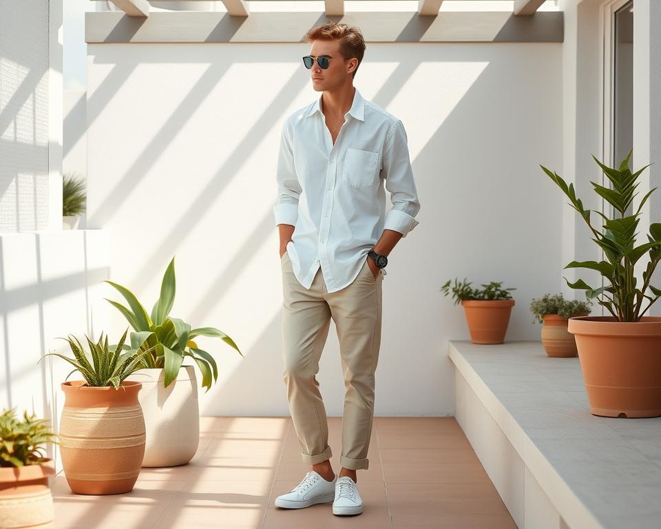 A clean boy scene featuring a minimalist wardrobe on a sunlit patio, showcasing modern basics like a crisp white linen shirt, light beige chinos, and classic canvas sneakers