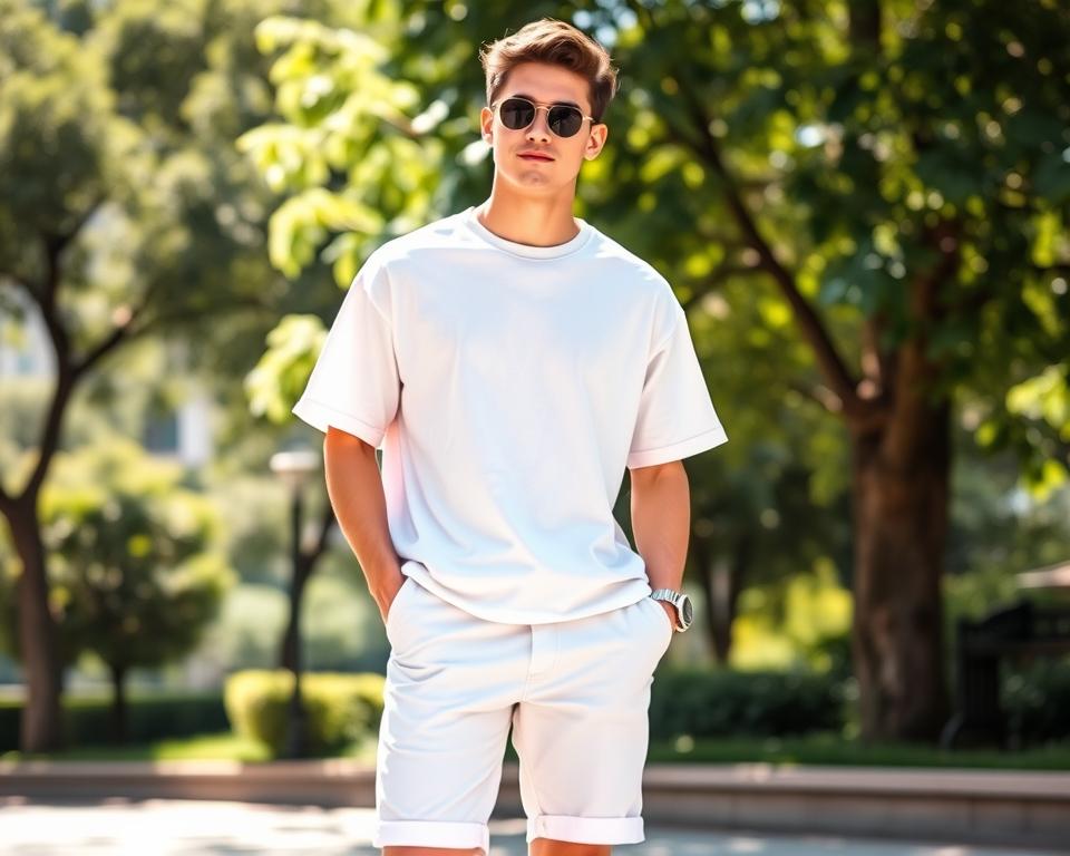 A stylish clean boy aesthetic summer outfit, featuring a light pastel oversized t-shirt, tailored white shorts, and trendy sneakers.