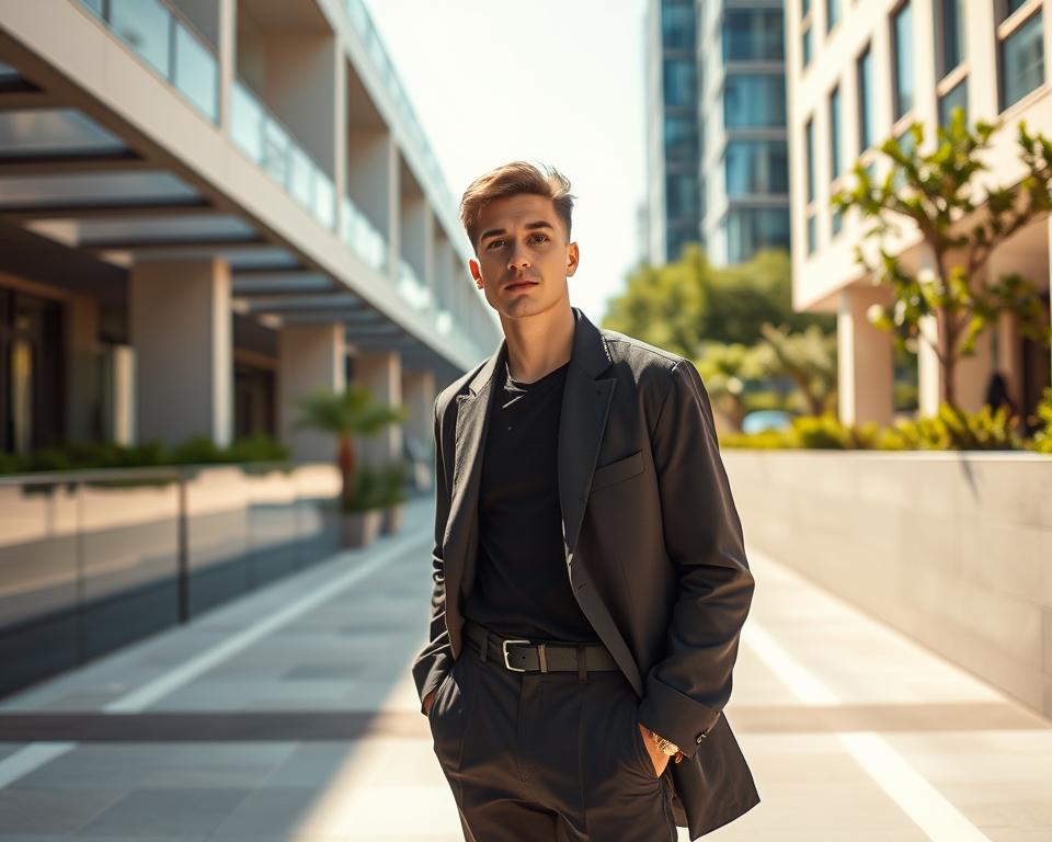 Sunlit urban scene featuring a stylish clean boy in a minimalist outfit, embodying confident calmness, surrounded by clean lines and soft pastel colors