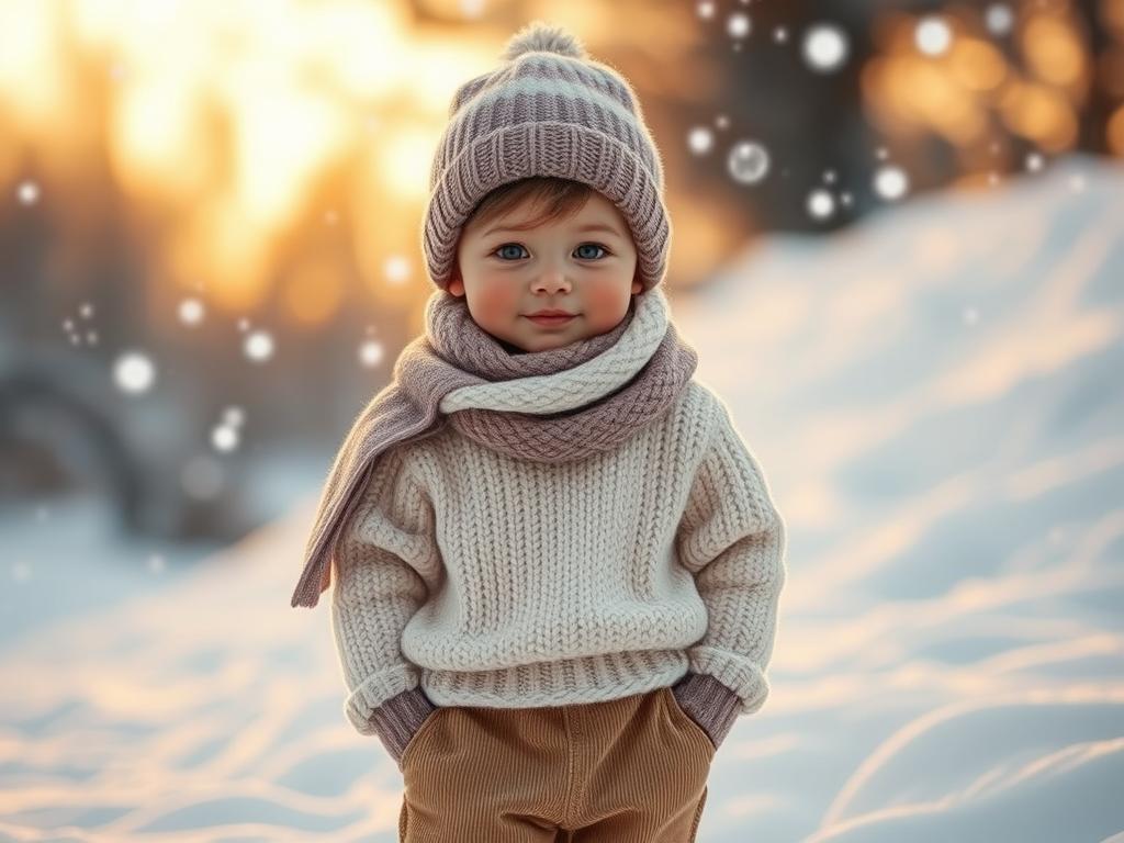 A cozy winter scene featuring a soft boy dressed in layered soft fabrics, wearing a pastel oversized knitted sweater,