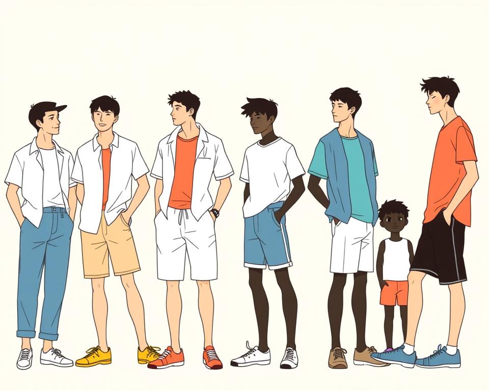 Simple silhouettes of diverse figures in casual summer outfits, standing against a minimalist backdrop of soft pastel colors