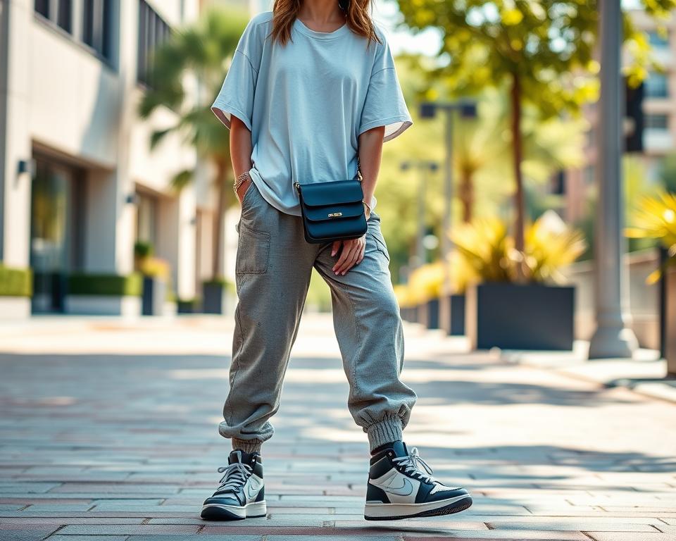 Elevated casual streetwear outfit featuring a relaxed-fit lightweight oversized t-shirt, tailored jogger pants with subtle patterns, stylish high-top sneakers