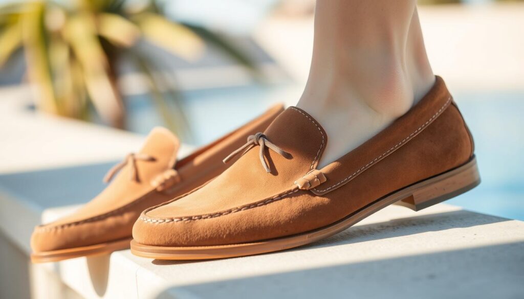 A stylish pair of suede loafers for men, showcasing a summer vibe