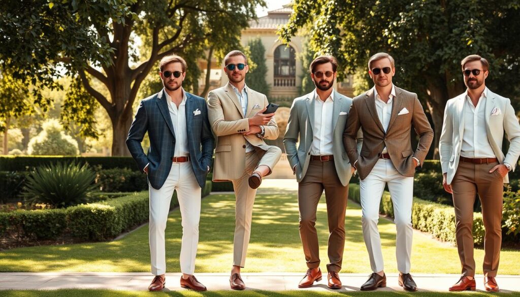 Elegant summer menswear, featuring tailored linen blazers, crisp white dress shirts, lightweight cotton trousers, loafers