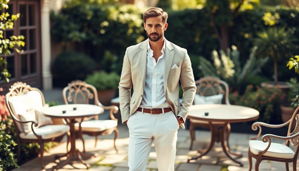 old money Stylish man wearing a light beige linen blazer paired with tailored white trousers, classic loafers, and a crisp white shirt