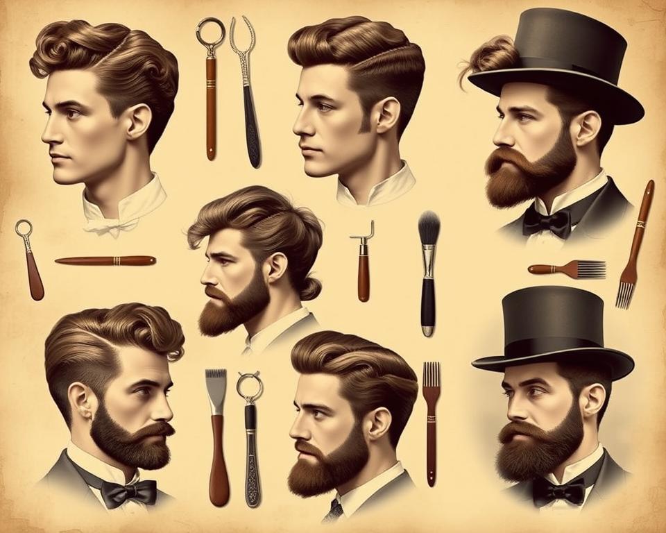 A collection of 19th century men's hairstyles, featuring various vintage looks,