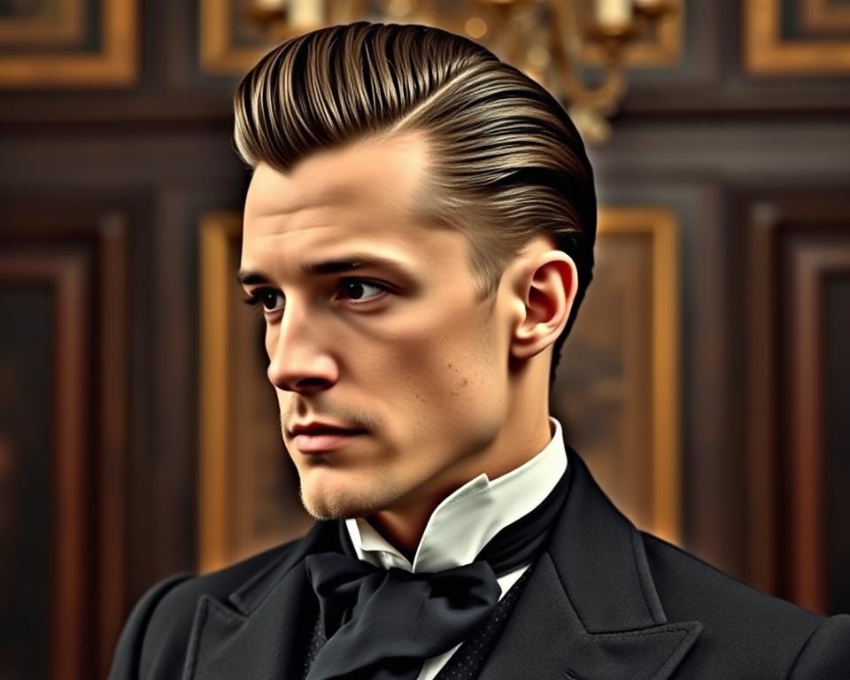 A dapper gentleman from the 1800s with a slicked-back hairstyle, showcasing polished