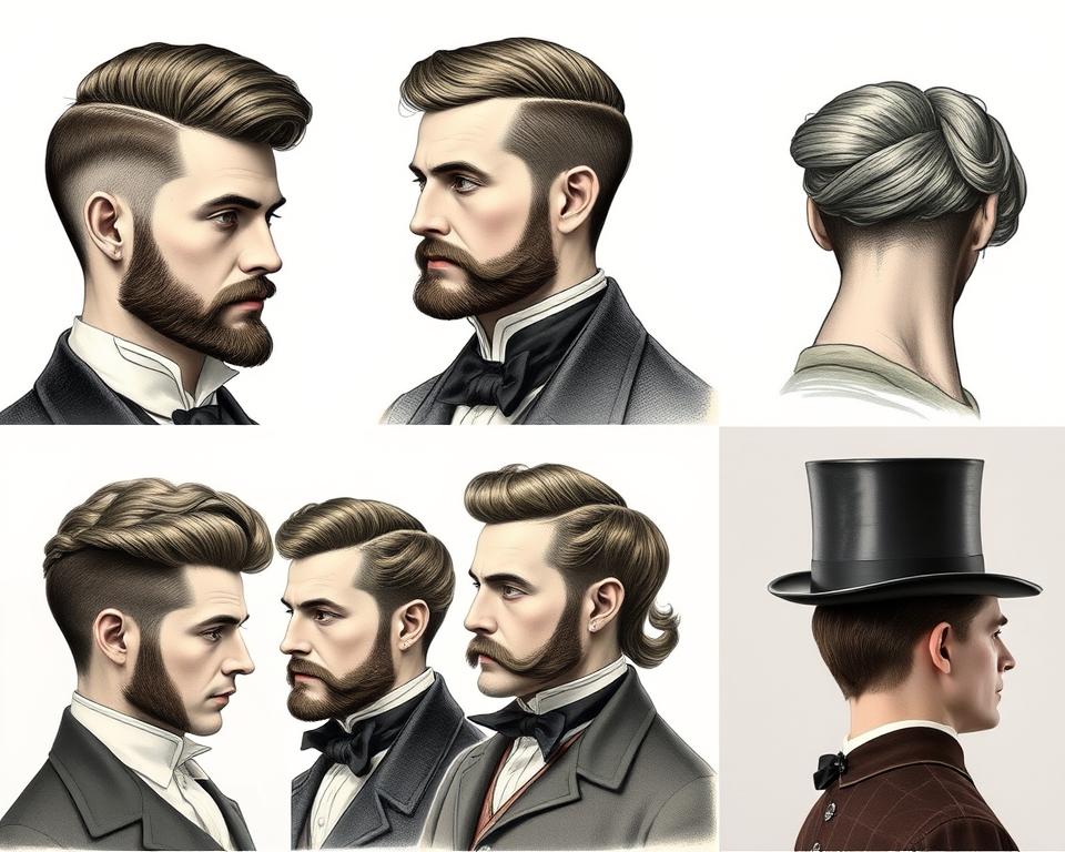 Victorian era male hairstyles, showcasing a variety of intricate and elegant styles