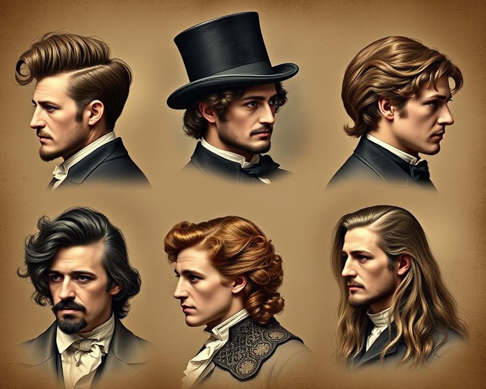 A collection of early 1800s male hairstyles, showcasing various styles such as the pompadour