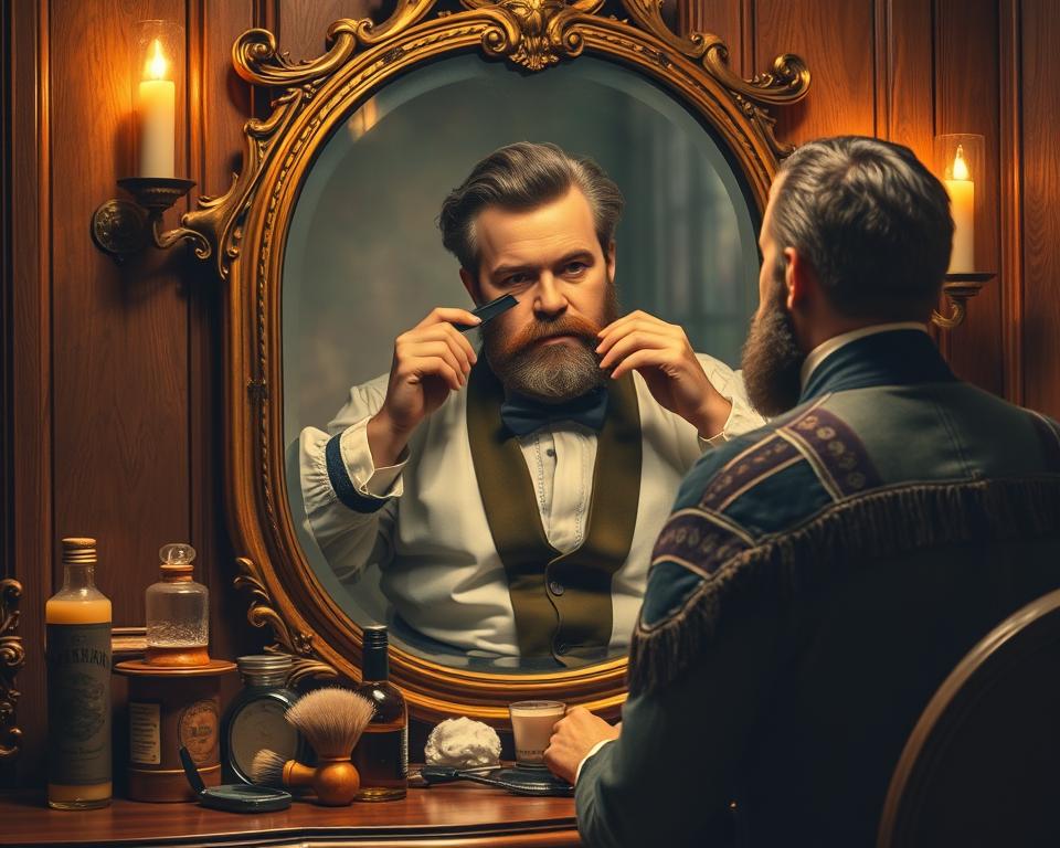 A vintage grooming scene depicting a 19th-century male figure in front of an ornate mirror