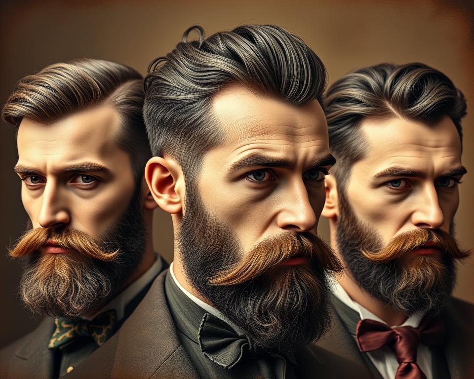 Mid 1800s men's hairstyles featuring a variety of facial hair styles, showcasing sideburns