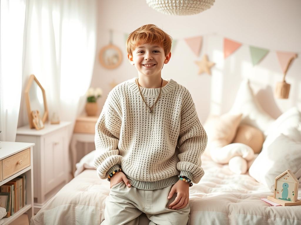 A soft boy in a cozy, whimsical bedroom, surrounded by pastel-colored decor, wearing oversized knitwear and loose-fit trousers.