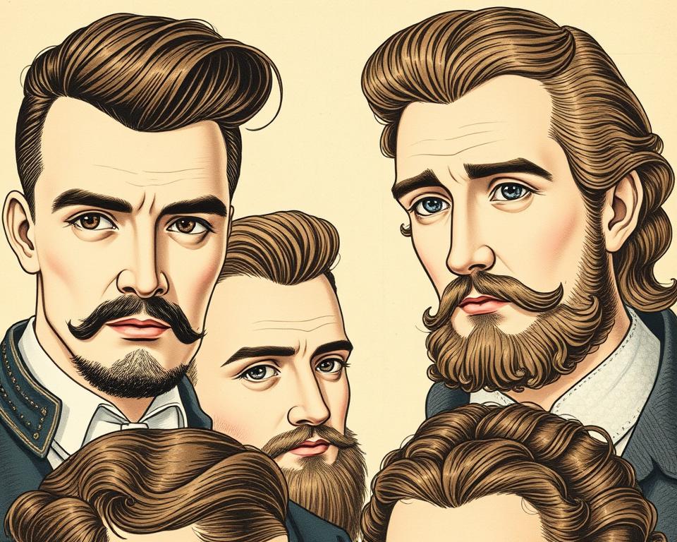 Close-up illustration of various male hairstyles from the 1800s, showcasing vintage looks