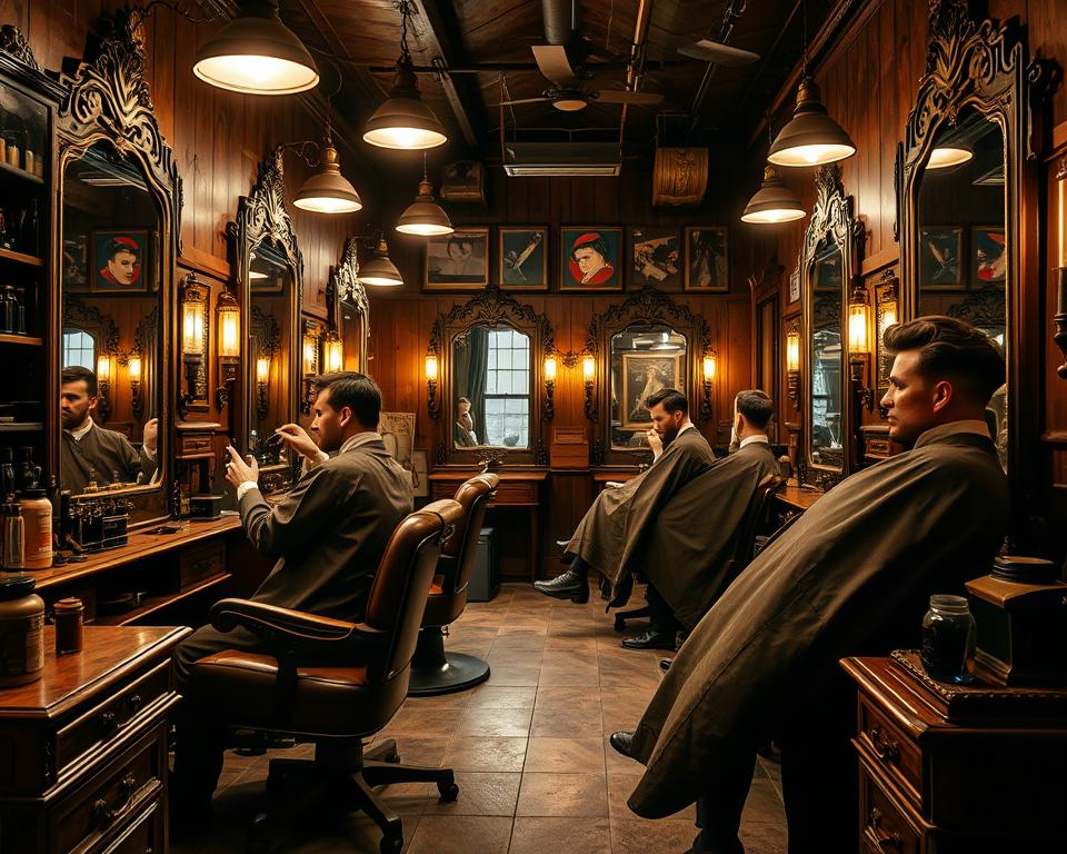 A vintage barber shop in the late 1800s, showcasing men grooming themselves with early industrial equipment