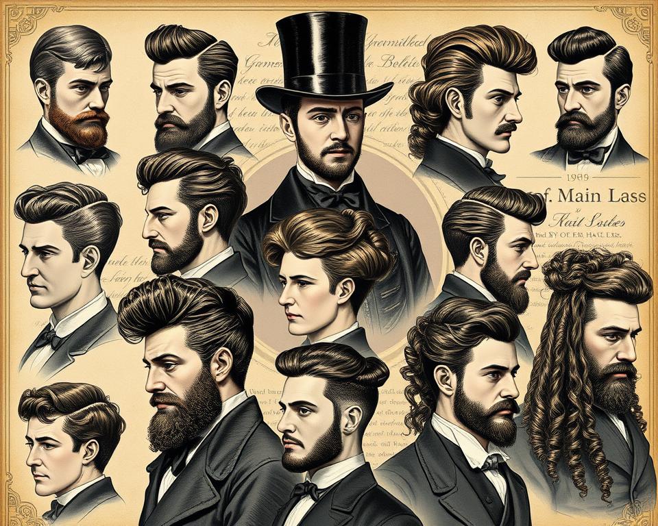 A collage of various 1800s male hairstyles influenced by different cultural backgrounds