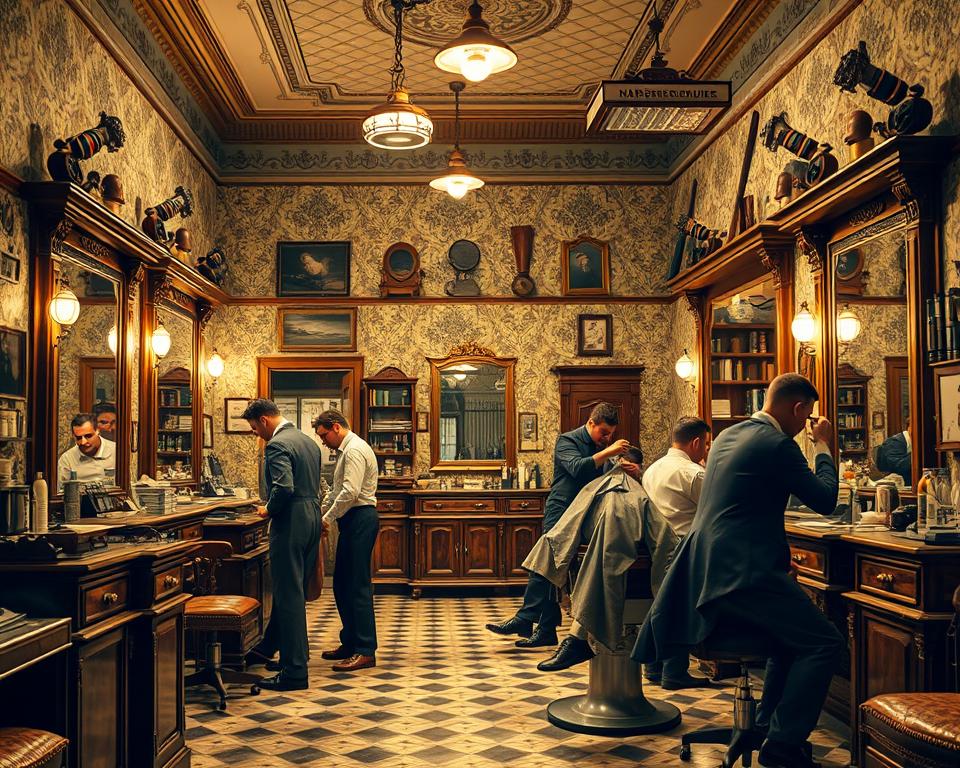 A vintage 1800s barbershop interior, featuring ornate wooden furniture, a large antique mirror