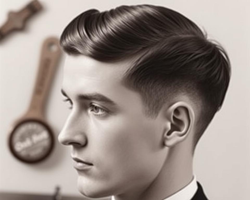 A classic 1930s men's hairstyle featuring a tapered cut, showcasing smooth, elegant lines and subtle volume on top