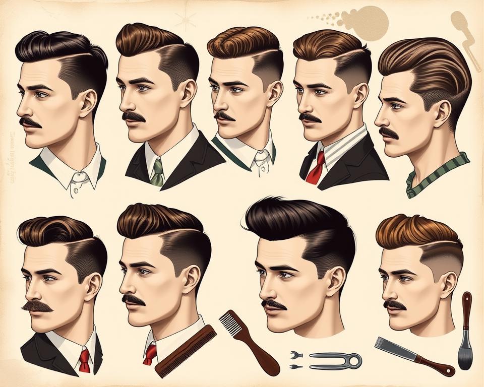 "Collection of classic 1930s men's hairstyles showcasing various cuts and styles, featuring slicked-back hair, short side-parted looks