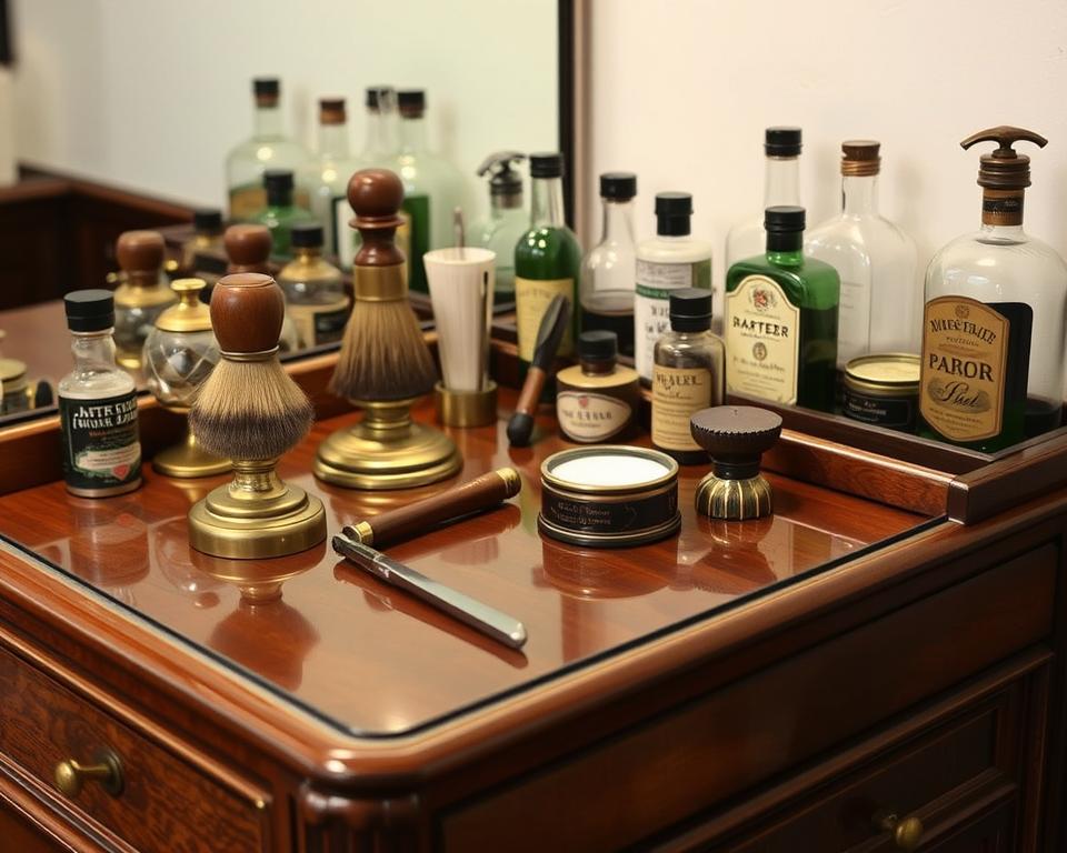 countertop from the 1930s, featuring an array of classic grooming tools