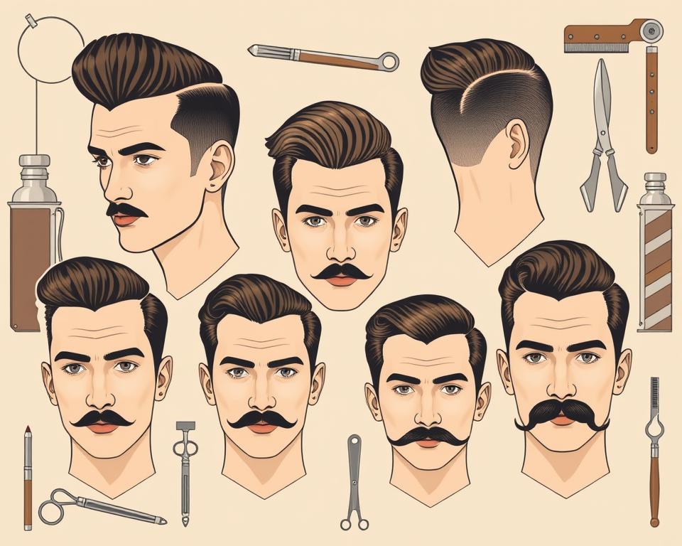 Stylish 1930s men's hairstyles featuring slicked-back hair, pompadours, and side-parted looks