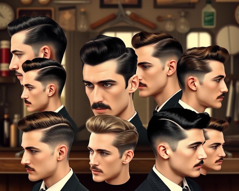 A collection of iconic 1930s men's hairstyles, featuring slicked-back styles, side parts, and pompadours,