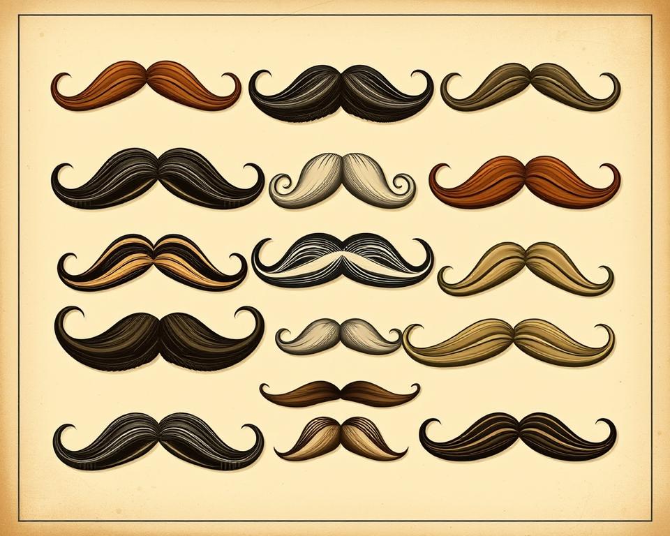 artAnistic collage of 1930s mustache shapes, showcasing a variety of iconic styles such as the handlebar, toothbrush, and pencil mustache