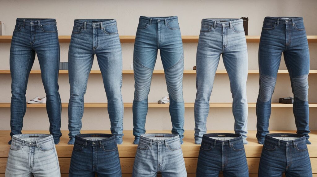 A modern digital shopping experience featuring a variety of men's high-quality jeans